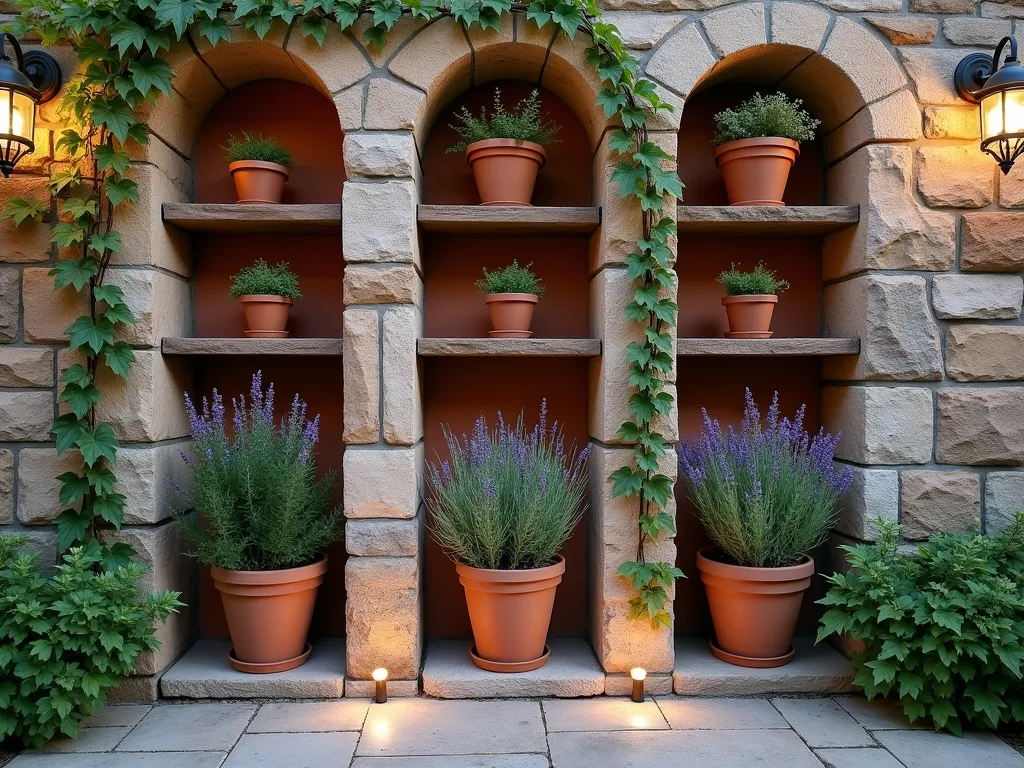 Mediterranean Terracotta Pot Wall Shelf - A rustic stone garden wall with elegant built-in wooden shelving at dusk, showcasing multiple levels of uniform terracotta pots perfectly fitted into recessed spaces. The shelves are staggered at different heights, creating visual interest. Mediterranean herbs and trailing plants spill over from the pots, catching the warm evening light. The wall features weathered textures and climbing vines, with subtle garden lighting illuminating the display. Shot from a medium angle to show the full architectural detail and the harmonious arrangement of pots against the earthy backdrop. Some pots contain lavender, rosemary, and cascading ivy, creating a blend of texture and Mediterranean charm.