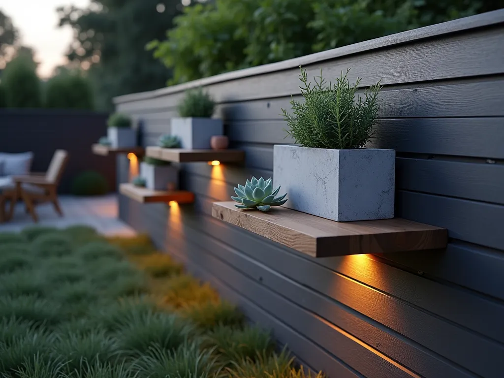 Modern Metal Strip Garden Fence Shelving - A close-up twilight shot of a contemporary garden fence featuring sleek, brushed stainless steel horizontal strips mounted on a charcoal-colored fence. The adjustable metal brackets hold three floating wooden shelves at different heights, displaying minimalist concrete planters with cascading silver falls dichondra and geometric succulents. Soft LED lighting underneath each shelf creates a subtle glow, highlighting the clean lines and modern aesthetic. The background shows a blurred modern patio space with architectural plants.