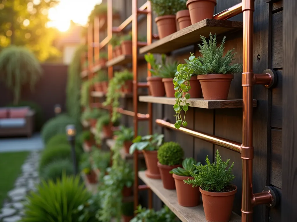 Modern Copper Grid Fence Display - A close-up shot of a sophisticated garden fence display system at golden hour, featuring warm copper pipes arranged in a precise grid pattern. The industrial-modern design showcases multiple wooden shelves holding an array of potted succulents and trailing plants. Sunlight catches the polished copper pipes, creating a warm metallic glow against the dark wooden fence backdrop. The adjustable shelf brackets are visible, demonstrating the system's flexibility. A soft bokeh effect in the background shows a well-maintained garden space, with the copper elements complementing nearby outdoor furniture and landscape lighting. Shot with shallow depth of field highlighting the detailed craftsmanship of the copper grid system.