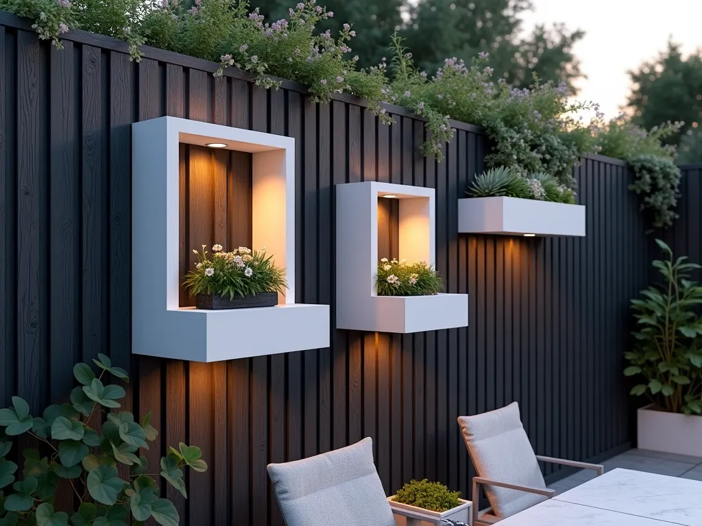 Modern Floating Box Fence Shelves at Dusk - A stylish modern garden scene at dusk featuring sleek white floating box shelves mounted on a dark gray wooden fence, photographed at a 45-degree angle. Three minimalist wooden boxes of varying sizes appear to float effortlessly, creating an artistic display. The boxes contain carefully arranged succulents and small flowering plants, with soft LED lighting underneath each shelf casting a gentle glow. The scene is complemented by climbing jasmine along the fence edges and a modern patio setting below. Ultra-detailed close-up shot highlighting the clean lines and shadow details, with warm evening light creating dramatic shadows. Photorealistic, architectural photography style, 8K quality.