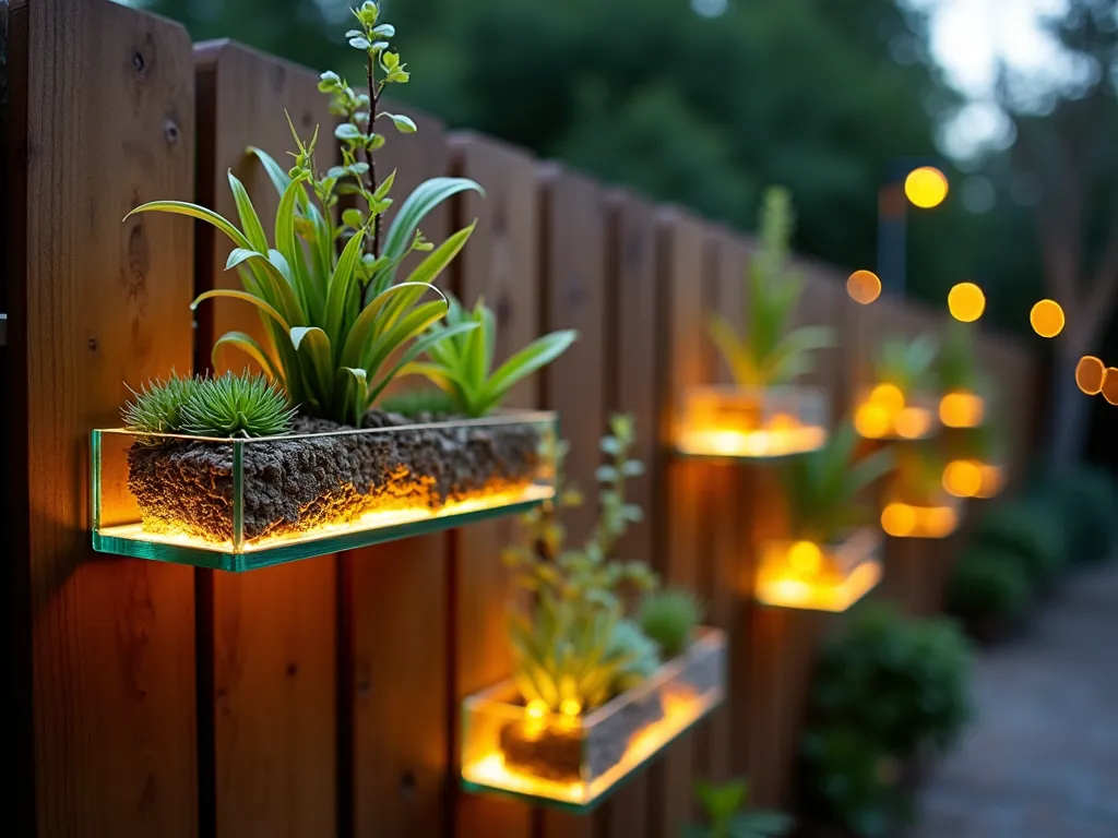 Modern Glass Fence Shelving at Dusk - A close-up shot of sleek, floating glass shelves mounted on a modern wooden fence at dusk. The transparent shelves appear to float weightlessly, showcasing an artistic arrangement of cascading pothos, air plants, and small succulents. Warm LED uplighting creates a magical ambiance, casting ethereal shadows through the glass shelves onto the fence. The shelves are mounted at varying heights, creating a dynamic vertical garden display. Shot with shallow depth of field highlighting the crystalline edges of the glass, with a soft bokeh effect of garden lights in the background. The composition captures the interplay of light through the glass shelves, emphasizing their transparent nature and modern aesthetic.