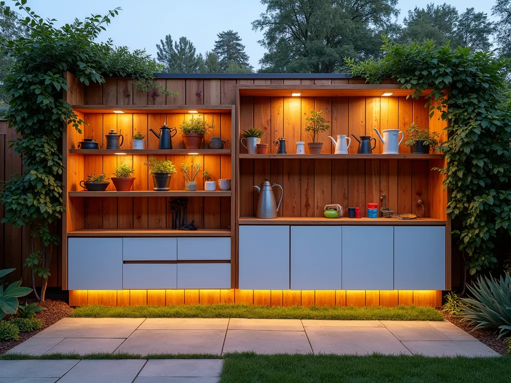 Modern Garden Storage Wall with Integrated Shelving - A stunning dusk photograph of a contemporary garden storage wall system seamlessly integrated into a cedar fence, captured with a DSLR wide-angle lens. The 8-foot tall multi-functional wall features a combination of weathered cedar open shelving displaying terracotta pots with cascading ivy, sleek white metal closed cabinets, and vertical tool storage rails. Soft landscape lighting illuminates floating shelves holding garden essentials, while climbing jasmine frames the structure. The organized display includes vintage watering cans, neat rows of hand tools, and colorful garden supplies. Shot at f/8 with warm evening light casting gentle shadows across the textured wood surface, highlighting the practical yet artistic storage solution.