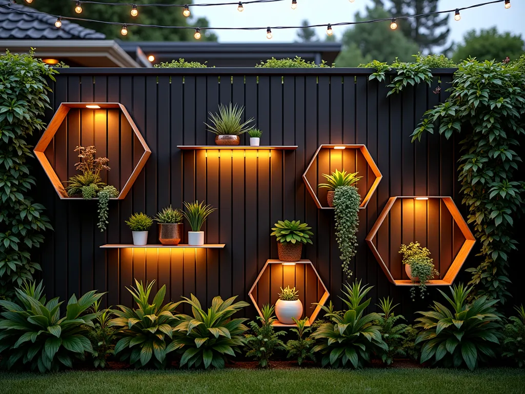 Modern Geometric Metal Garden Fence Shelving - A twilight garden scene captured with a wide-angle lens showcasing a contemporary black metal fence adorned with geometric shelving units. The hexagonal and rectangular floating shelves are arranged in an artful, asymmetrical pattern against the fence. Each shelf houses carefully curated succulent arrangements, trailing pothos, and modern ceramic planters in matte white and copper. Warm LED lighting integrated within the shelving casts dramatic shadows, while string lights overhead create a magical ambiance. The shelving installation is photographed at golden hour, with soft lighting highlighting the metallic finish of the geometric frames against a backdrop of climbing jasmine. Professional architectural photography style, with sharp details and dramatic shadows, shot at f/2.8 with subtle depth of field.