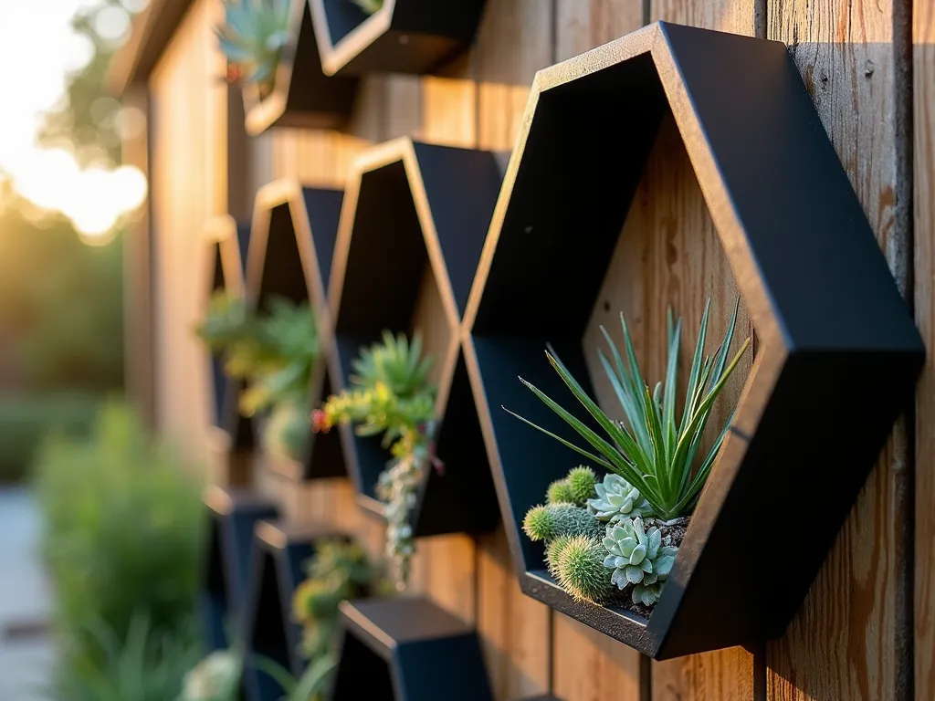 Modern Hexagonal Garden Wall Display - Close-up shot of an elegant outdoor garden wall featuring a modern honeycomb arrangement of matte black hexagonal shelves mounted on a weathered cedar fence. The geometric shelves showcase a curated collection of succulents, including Echeveria, Sempervivum, and String of Pearls cascading from various compartments. Golden hour sunlight casts dramatic shadows through the honeycomb pattern, while small air plants and miniature cacti create depth within each hexagonal nook. The composition is photographed at a slight angle to emphasize the dimensional quality of the installation, with a shallow depth of field that highlights the textural contrast between the smooth shelving and the organic plant forms. Professional DSLR photo with crisp details and natural lighting.