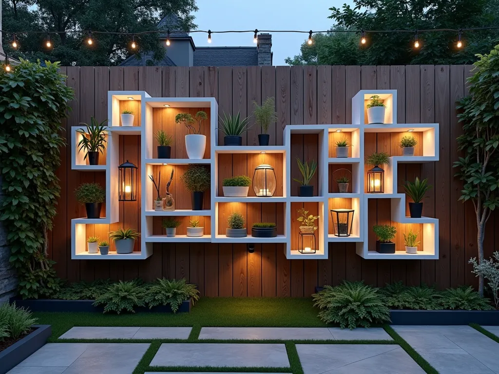 Modern Modular Fence Storage System - A stunning dusk photograph of a contemporary garden fence featuring sleek white modular cube shelving units mounted at varying heights. The cubes, made of weather-resistant materials, create an artistic grid pattern against a dark wood fence. Some cubes display potted succulents and herbs, while others store gardening tools and decorative lanterns. Soft LED uplighting illuminates the display, casting gentle shadows. The composition includes a partial view of a modern patio with geometric pavers and trailing ivy beginning to climb the fence edges. Shot with shallow depth of field focusing on the central cube arrangement, with bokeh effects from string lights in the background. The modular design suggests flexibility and customization, while maintaining a clean, minimalist aesthetic.