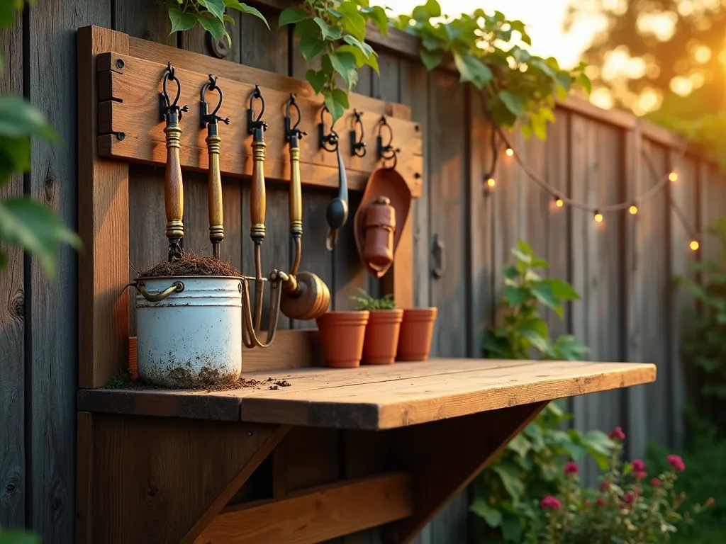 Rustic Fold-Down Garden Workstation at Sunset - A professional photograph of a rustic wooden fold-down potting shelf mounted on a weathered garden fence, captured during golden hour sunset. The shelf is shown in its down position, revealing a well-organized workspace with built-in compartments for soil and supplies. Vintage copper and brass gardening tools hang neatly from iron hooks, casting warm shadows in the evening light. The workspace features a distressed white metal container holding garden twine and pruners, while small terra cotta pots are arranged along the back edge. The composition includes trailing ivy decoratively framing the top corners of the fence, with soft bokeh effect from string lights in the background. Shot with a 35mm lens at f/2.8, creating a dreamy depth of field that highlights the practical yet charming workspace design.