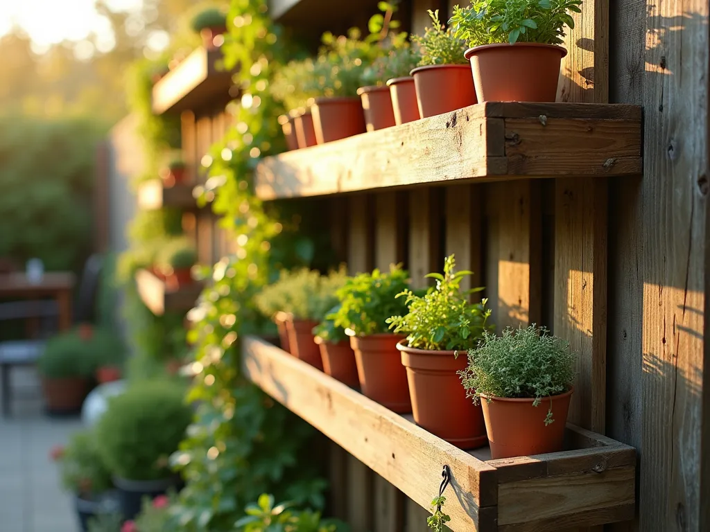 Rustic Pallet Garden Wall Shelves at Sunset - A close-up shot of a weathered wooden fence adorned with beautifully transformed pallet shelving, mounted horizontally in a tiered arrangement. The shelves showcase thriving potted herbs and succulents at varying heights. The warm golden sunset light filters through the plants, casting gentle shadows on the distressed wood. Small terracotta pots contain fresh basil, thyme, and rosemary, while decorative succulents add visual interest. The wood has been carefully sanded and treated to a rich honey tone, maintaining its rustic charm while being weather-resistant. Delicate trailing plants cascade over the edges, creating a living wall effect. The background shows a cozy garden patio setting with soft bokeh effects.