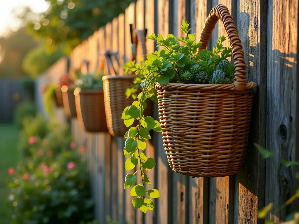 Rustic Woven Basket Fence Display - A close-up shot of a weathered wooden garden fence at golden hour, adorned with an artistic arrangement of various-sized natural woven rattan and bamboo baskets mounted at different heights. The largest basket contains trailing pothos plants with cascading vines, while smaller baskets hold garden tools, succulents, and dried flowers. Soft evening sunlight filters through nearby trees, casting dappled shadows across the textured baskets and creating a warm, organic atmosphere. Shot with shallow depth of field highlighting the intricate weaving patterns and natural textures of the baskets against the rustic fence backdrop.