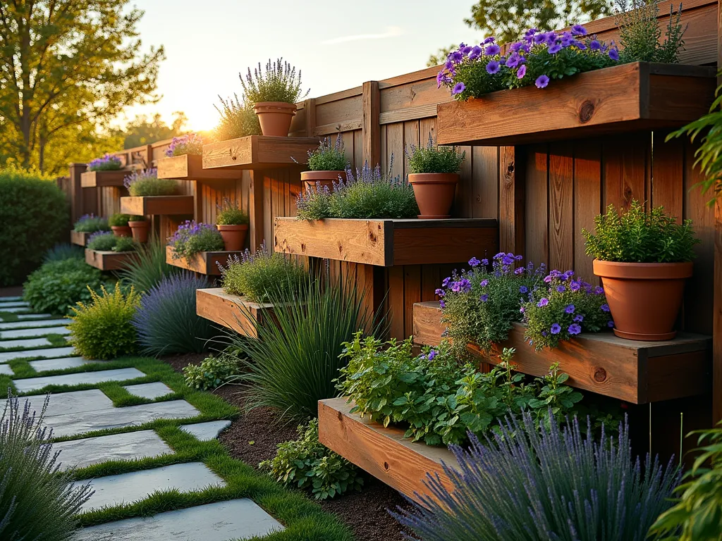 Theatrical Garden Fence Display - A stunning wide-angle DSLR photo of a multi-tiered wooden fence shelf system at golden hour, creating a dramatic amphitheater-style display in a contemporary backyard garden. The weathered cedar shelving features five ascending levels with varying depths, cascading with lush plants. Trailing plants like purple wave petunias and silver falls dichondra spill over the edges, while upright lavender and ornamental grasses create height variation. Terra cotta pots in graduated sizes complement the natural wood tones. Soft evening sunlight filters through the foliage, casting intricate shadows on the fence. Professional lighting with f/8 aperture captures the rich textures and depth, while maintaining sharp detail throughout the scene. A stone path visible at the bottom adds perspective and grounds the composition.