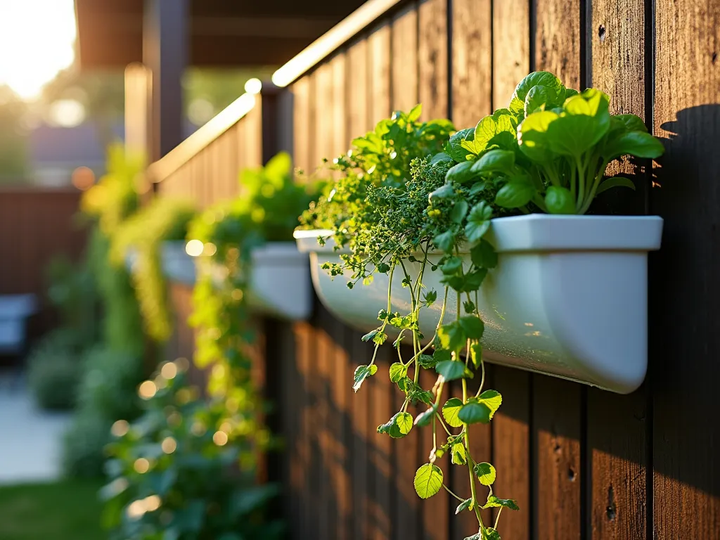 Modern Tiered Rain Gutter Garden Wall - A stunning close-up shot of three white repurposed rain gutters mounted at different heights on a contemporary dark wood fence, creating a striking vertical garden display. The gutters overflow with cascading herbs and compact vegetables, including trailing thyme, compact basil, and vibrant lettuce varieties. Golden late afternoon sunlight filters through the plants, casting intricate shadows on the fence. The clean lines of the gutters contrast beautifully with the organic forms of the plants, while water droplets on the leaves catch the warm light. Shot with a wide-angle lens at f/8, capturing the depth and texture of both the architectural elements and the lush plantings, with a modern patio space visible in the soft background.