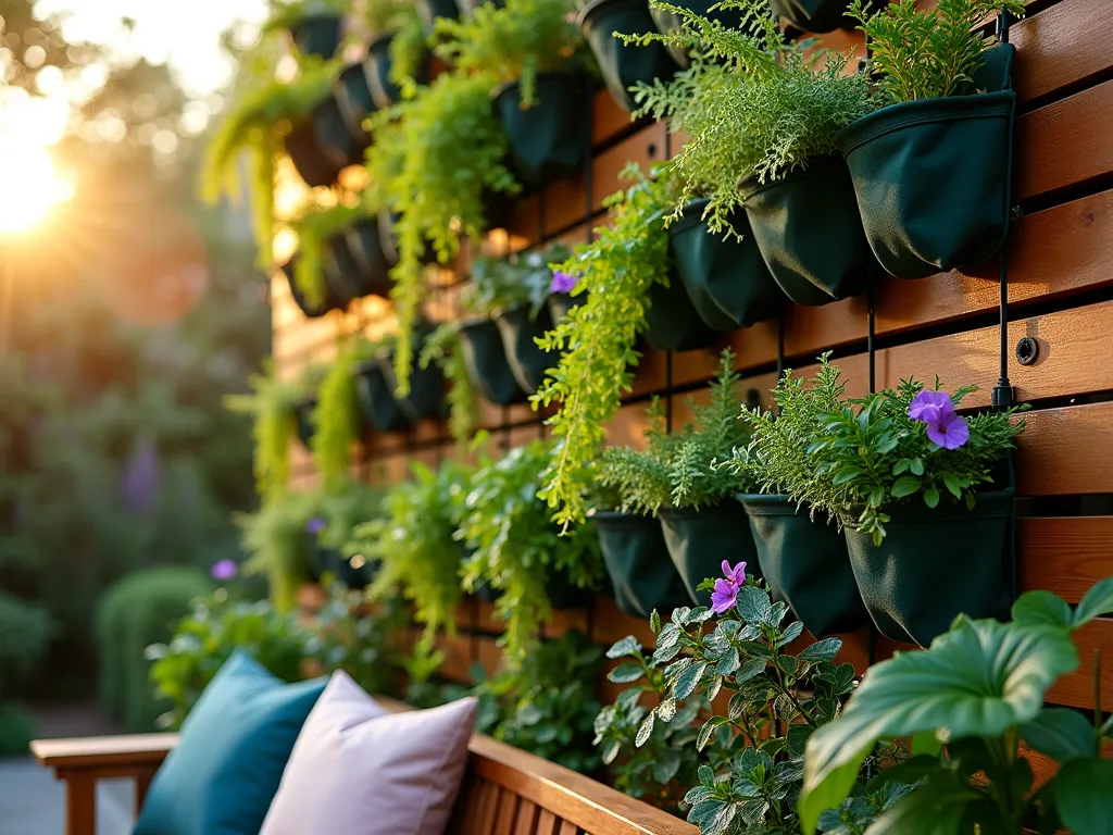 Verdant Living Wall with Fabric Pocket Shelves - A stunning close-up shot of a modern wooden garden fence transformed into a living wall using elegant fabric pocket shelves at sunset. Multiple rows of dark green fabric pouches cascade down the fence, bursting with colorful trailing plants and herbs. Varied textures of foliage spill from each pocket, including purple sweet potato vine, golden pothos, and cascading ferns. Soft golden hour lighting filters through the leaves, creating magical shadows on the fence. Crystal-clear DSLR photography with perfect depth of field captures water droplets on the leaves and the intricate texture of the fabric pockets. A comfortable wooden bench sits below, partially visible, with outdoor throw pillows adding a cozy touch. Shot with a wide-angle lens at f/8, ISO 100, showcasing the full vertical garden installation while maintaining sharp detail.