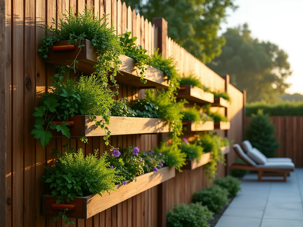 Modern Vertical Garden Shelf System with Cascading Plants - A stunning DSLR wide-angle photograph of a contemporary vertical garden shelf system mounted on a wooden fence, shot during golden hour. Multiple tiered cedar shelves create a living wall effect, featuring cascading plants in varying shades of green. Built-in copper irrigation channels elegantly wind through the structure. Trailing plants like String of Pearls and Boston Ferns cascade dramatically between levels, while Purple Wave Petunias and English Ivy spill over the edges. The system spans 8 feet high, with each shelf gradually stepping forward to allow optimal plant growth and water flow. Soft evening sunlight filters through the foliage, creating natural shadows and highlighting the organic textures. A modern patio setting visible in the background with minimalist outdoor furniture complements the design. Photographed at f/8 for superior depth of field, capturing both detailed plant textures and overall structure clarity.