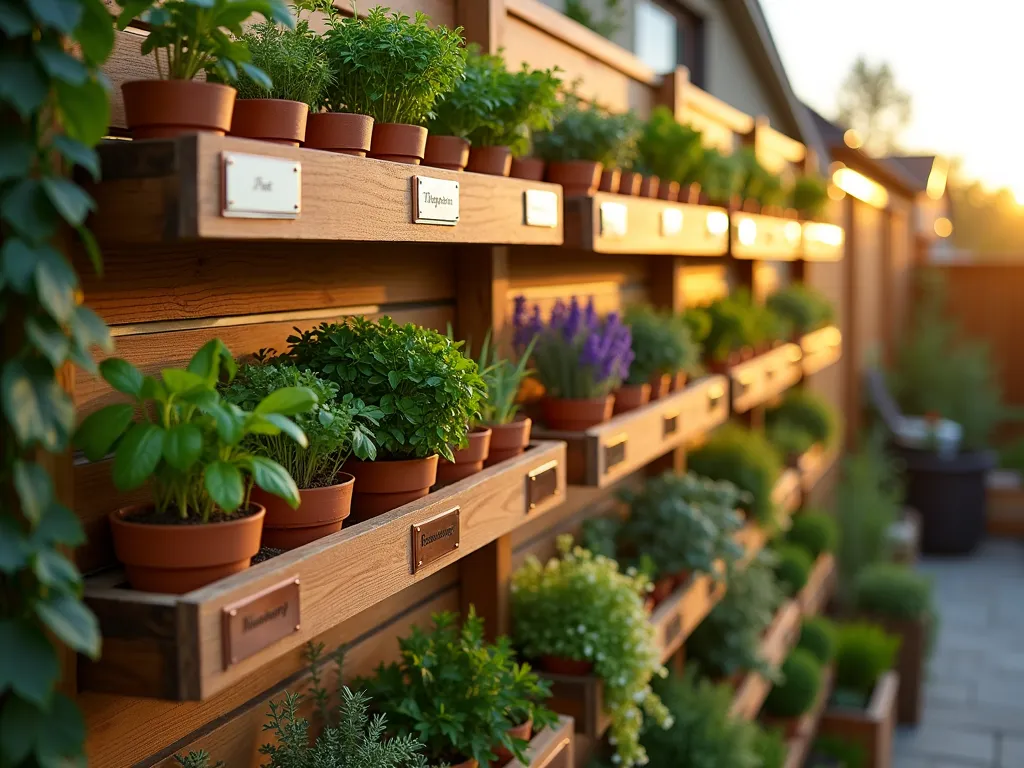 Modern Vertical Herb Garden Fence Shelf at Sunset - A close-up shot of a sleek, modern wooden fence with an integrated vertical herb garden shelf system at sunset, golden light filtering through the herbs. Multiple tiered cedar shelves featuring organized sections of fresh herbs in terracotta pots. Clear acrylic label holders displaying herb names. Varieties include bushy basil, cascading thyme, purple sage, and flowering rosemary. The shelf system includes built-in irrigation and copper plant markers. Background shows a cozy patio setting with soft lighting and climbing vines along the fence edges.