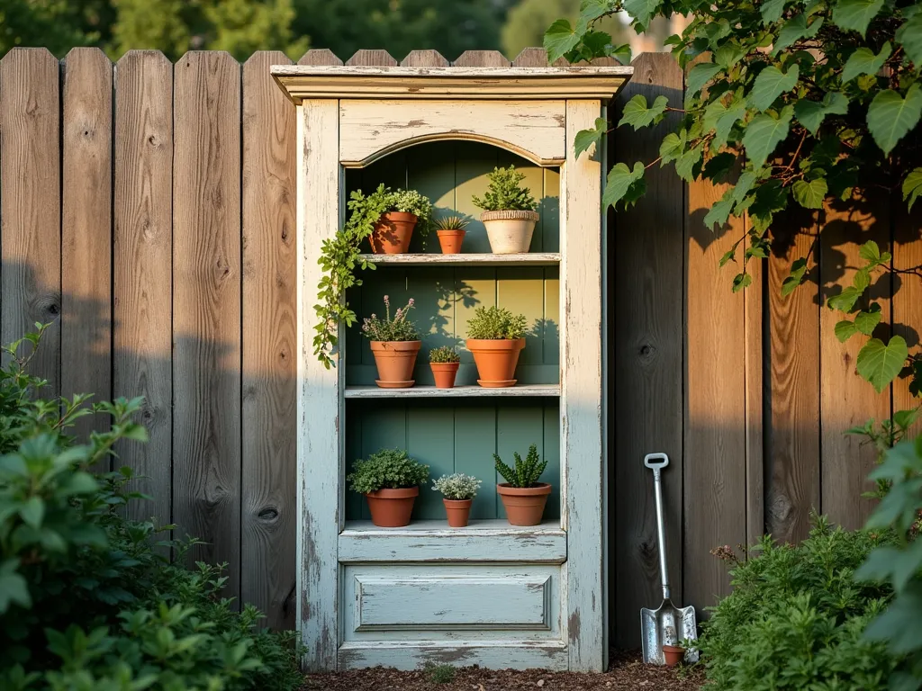 Vintage Cabinet Door Garden Display - A rustic wooden fence with an elegant upcycled white cabinet door mounted as a display shelf, photographed during golden hour. The cabinet door features three weathered wooden shelves holding an array of colorful potted succulents and trailing ivy. Ornate vintage molding creates deeper shelf spaces, painted in a distressed sage green. Soft evening sunlight filters through nearby trees, casting dappled shadows across the display. Shot at f/8 with a wide-angle lens to capture the full context of the garden setting, while maintaining focus on the detailed craftsmanship of the repurposed cabinet door. Small vintage garden tools and terra cotta pots add character to the scene. Professional DSLR photography with natural lighting emphasizes the texture of the wood and the vibrant plants.