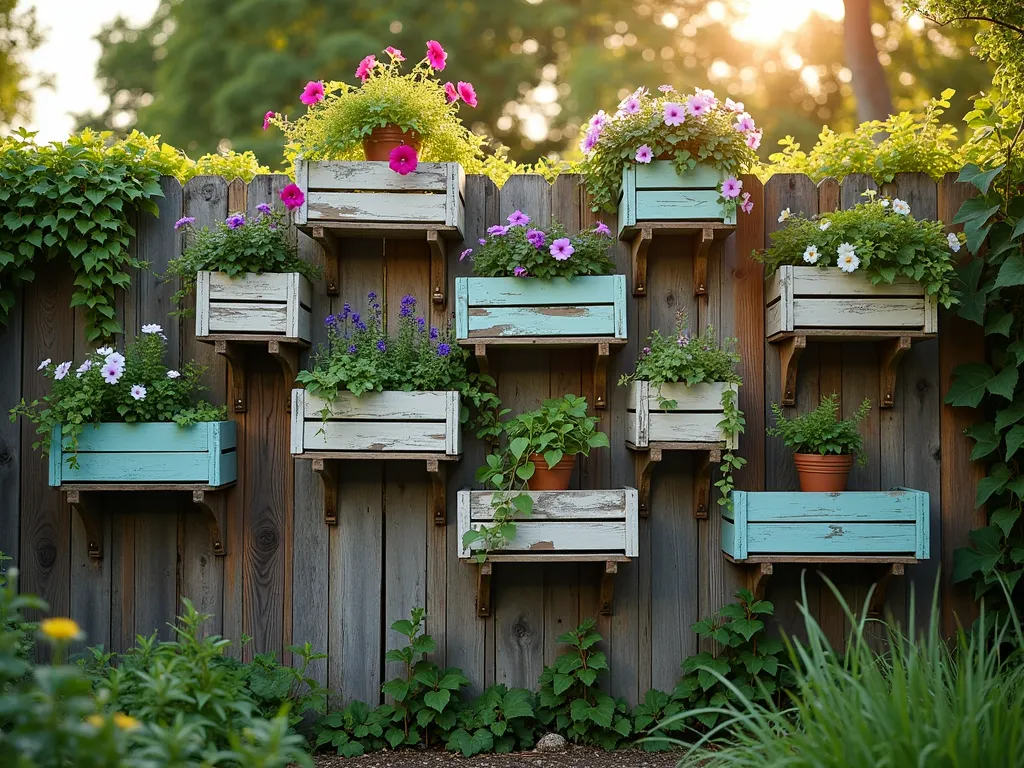 Rustic Garden Fence with Vintage Crate Shelving - A charming garden fence at golden hour, adorned with weathered wooden crates mounted at various heights, creating a rustic shelving display. The vintage crates, some painted in soft mint and faded blue, others left naturally distressed, are artfully arranged against a cedar fence backdrop. Each crate showcases cascading ivy, blooming petunias, and vintage terracotta pots with flowering herbs. Soft evening sunlight filters through the plants, casting gentle shadows on the fence. Shot at f/2.8 with a 16-35mm lens, capturing the depth and texture of the weathered wood and lush greenery. A rustic garden path visible in the foreground adds depth to the composition.