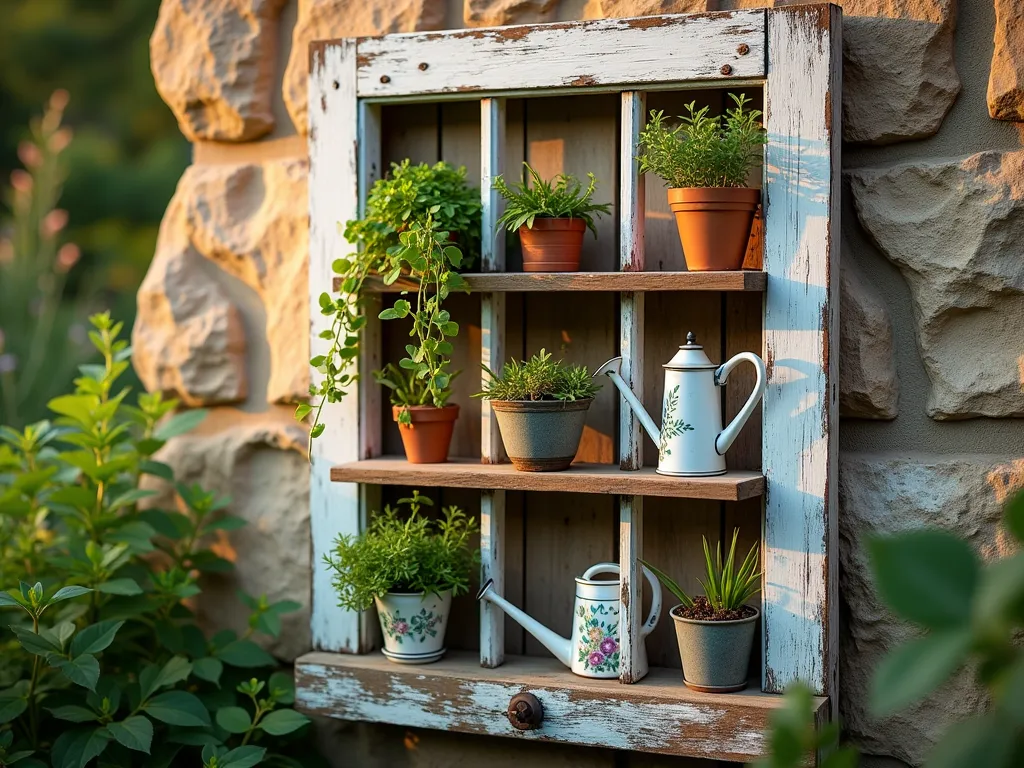 Vintage Door Frame Garden Display - A stunning rustic garden vignette featuring a weathered wooden door frame transformed into a vertical garden shelf, photographed during golden hour. The vintage white-painted frame, mounted against a natural stone wall, showcases multiple wooden shelves displaying an artful arrangement of potted herbs, succulents, and vintage gardening tools. Small terra cotta pots with trailing ivy cascade from the top shelf, while vintage watering cans and hand-painted ceramic planters occupy the lower compartments. Soft evening light filters through the frame's original glass panes, creating beautiful shadows on the stone wall. Shot with shallow depth of field, emphasizing the textural contrast between the weathered wood, lush plants, and rough stone backdrop. DSLR, f/8, ISO 100, 1/125s, natural lighting.