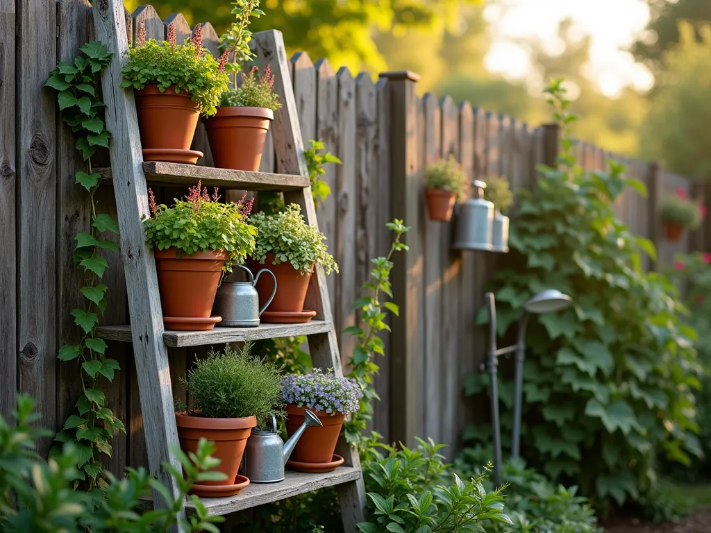 Vintage Ladder Garden Wall Display - A weathered wooden ladder mounted horizontally on a rustic wooden fence in a sun-dappled garden, shot during golden hour. The ladder's rungs create natural shelving levels adorned with cascading potted plants. Terracotta pots contain blooming herbs and trailing ivy, while vintage watering cans and antique garden tools add decorative touches. Soft evening light filters through the foliage, creating warm shadows on the fence. Medium-wide shot capturing the full ladder installation while showing surrounding garden context, with subtle depth of field highlighting the textural details of the aged wood and lush plantings.