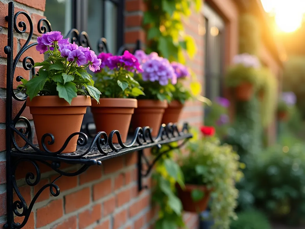 Elegant Wrought Iron Garden Shelving at Sunset - A close-up shot of an ornate black wrought iron fence shelf with intricate Victorian scrollwork patterns, mounted on a weathered brick garden wall. The shelf holds three vintage terra cotta pots featuring cascading purple petunias and trailing ivy. Golden evening sunlight filters through the scrollwork, casting delicate shadows on the wall. The shelf's elaborate curls and flourishes create a romantic, vintage garden atmosphere. Shot with shallow depth of field highlighting the metalwork's detailed craftsmanship. Professional DSLR photo with natural lighting at f/8, ISO 100, capturing the warm sunset glow on the aged metalwork and lush plantings.