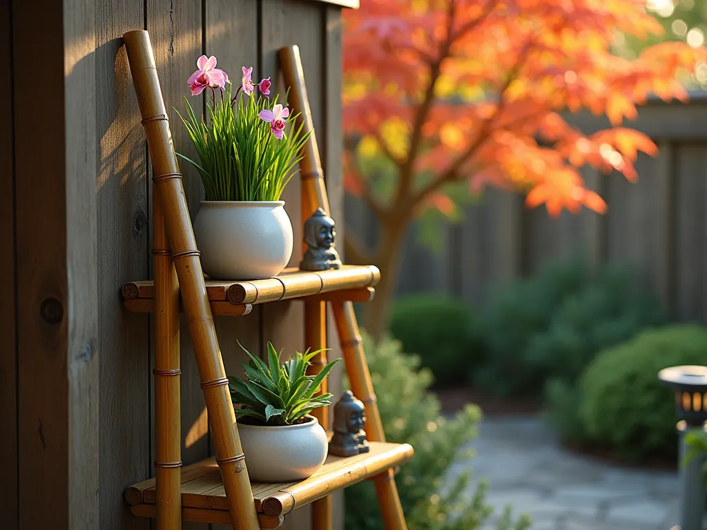 Zen Garden Bamboo Ladder Display - Close-up golden hour photograph of an elegant bamboo ladder shelf system mounted against a weathered wooden fence in a serene garden setting. The natural bamboo poles create three ascending tiers, each supporting ceramic planters with cascading Japanese forest grass and delicate orchids. Copper wind chimes and small stone Buddha figurines add decorative elements, while strategically placed solar lanterns cast a warm glow. Shot with shallow depth of field highlighting the organic textures of the bamboo and plantings, with a soft bokeh effect on the Japanese maple foliage in the background. Digital camera, 16-35mm lens at 35mm, f/2.8, ISO 400.