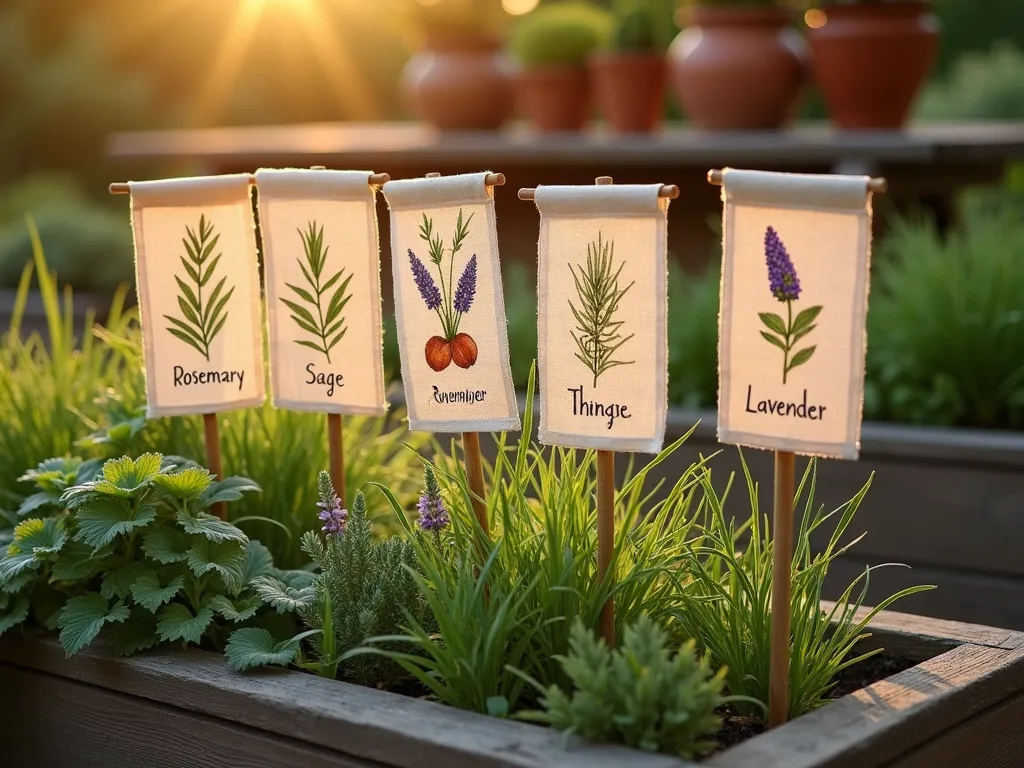 Artistic Herb Garden Flag Markers at Sunrise - A close-up shot of an elegant herb garden at golden sunrise, featuring handcrafted fabric garden flags as markers. The flags, made of natural linen with botanical illustrations, gently wave among raised wooden beds. Each flag displays detailed herb drawings and names in calligraphy. Fresh rosemary, sage, thyme, and lavender surround the markers, their morning dew glistening in the warm light. The background shows a rustic potting bench and terracotta pots, creating depth and context. Shot with shallow depth of field highlighting the detailed illustrations on the flags, 16-35mm lens at f/2.8, ISO 400.