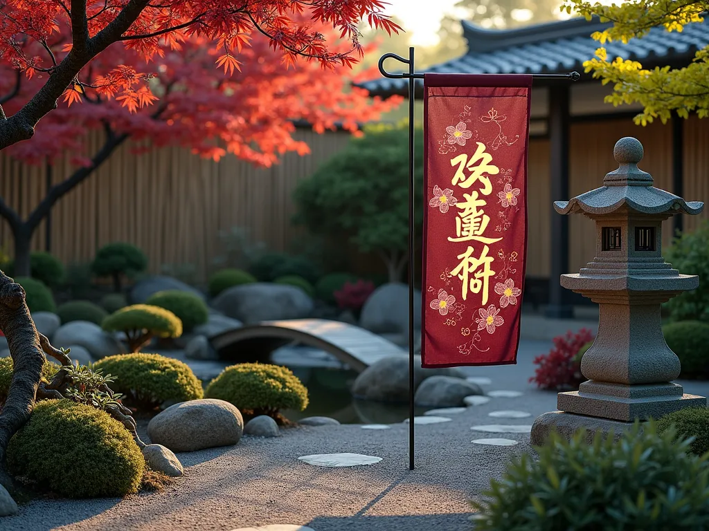 Serene Asian Garden Flag Display - A tranquil Japanese garden at dusk, featuring a beautifully placed garden flag with delicate cherry blossom motifs and traditional calligraphy. The flag gently waves between a carved stone lantern and a mature Japanese maple tree with deep red foliage. A wooden bridge crosses a small koi pond in the background, while carefully placed bamboo creates natural screening. The flag's rich burgundy and gold colors perfectly complement the surrounding elements of moss-covered stones, pruned bonsai, and ornamental grasses. Soft evening light casts long shadows across the raked gravel patterns, creating a peaceful, meditative atmosphere.