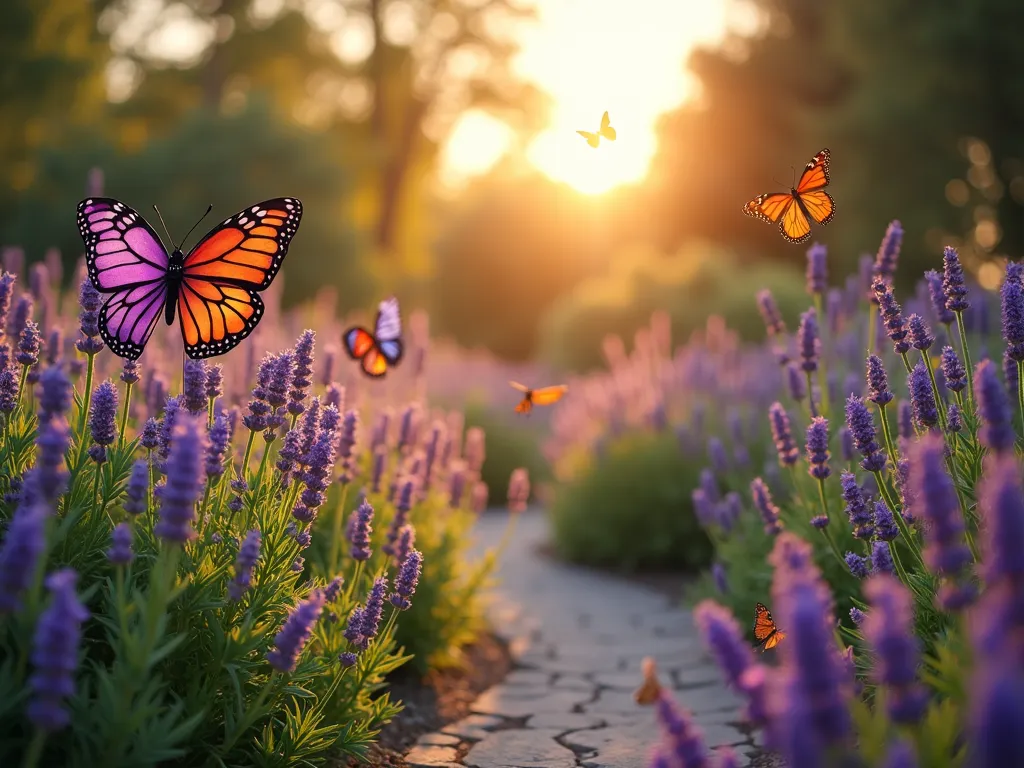 Butterfly Garden with Decorative Flags at Sunset - A dreamy garden scene at golden hour, captured with a wide-angle lens showing a winding garden path lined with lavender, purple coneflowers, and butterfly bush in full bloom. Artistic butterfly-themed garden flags in shades of purple, orange, and blue flutter gently among the flowers, their silhouettes casting long shadows. Multiple monarch and swallowtail butterflies hover near the blossoms. The late afternoon sun casts a warm, golden glow across the scene, creating a magical atmosphere with bokeh effects through the flowers. Shot with shallow depth of field, emphasizing the delicate details of the nearest flag and flowers while softly blurring the background garden elements. High-end digital photography, 16-35mm lens, f/2.8, ISO 400.