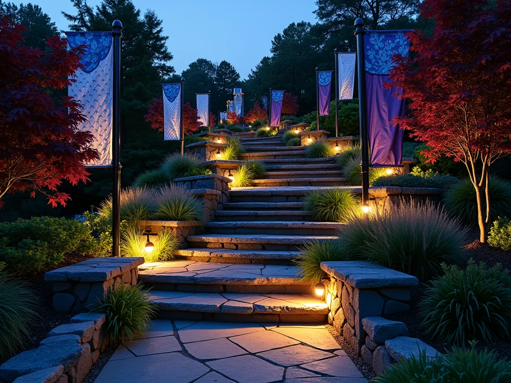 Cascading Garden Flags on Terraced Hillside - A dramatic dusk photograph of a beautifully terraced garden hillside with multiple levels, captured with a wide-angle lens. Decorative garden flags in harmonious shades of blue, purple, and silver flutter at different heights along the stone-walled terraces, creating a mesmerizing waterfall effect. Japanese maples with deep burgundy foliage frame the scene, while ornamental grasses sway gently between the flags. Solar-powered landscape lighting casts a warm glow on the natural stone retaining walls, highlighting their texture. The flags' shadows dance on the stone surfaces as the golden hour light filters through. Shot at f/2.8 with selective focus emphasizing the dimensional layers of the terrain, creating a dreamy, enchanted garden atmosphere.