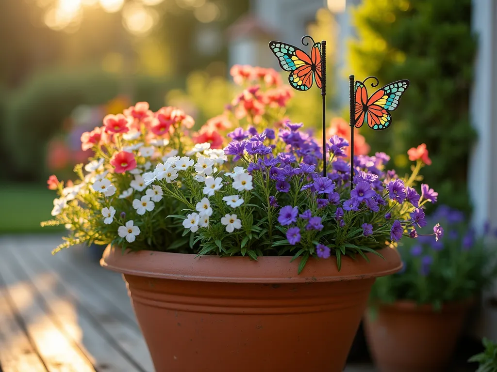 Enchanted Container Garden with Decorative Flags - Close-up shot of a large, weathered terracotta planter during golden hour, overflowing with purple salvia, white trailing petunias, and coral snapdragons. Two decorative mini garden flags with delicate butterfly patterns are artfully placed among the flowers, their fabric gently moving in the breeze. The container sits on a rustic wooden deck corner, with soft bokeh effects in the background showing other container gardens. Natural sunlight filters through the flowers, creating a magical, ethereal atmosphere with long shadows and warm highlights on the flags' metallic accents.