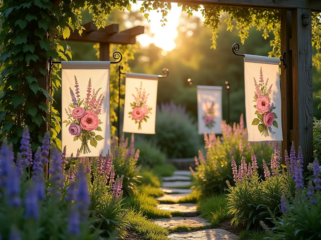 Enchanting Cottage Garden Flag Display - A charming cottage garden at golden hour, photographed with a wide-angle lens capturing multiple decorative garden flags clustered naturally among blooming perennials. Vintage-style flags in varying heights (24-36 inches) feature coordinated pastel florals and botanical prints, gently swaying among beds of lavender, foxgloves, and climbing roses. A rustic wooden arbor draped with climbing clematis frames the scene, while weathered stepping stones wind through the informal garden beds. The warm evening light casts long shadows across the lush plantings, highlighting the layered arrangement of flags and creating a dreamy, cottage-core aesthetic. Shot at f/8 with natural lighting emphasizing the depth and texture of the garden elements.