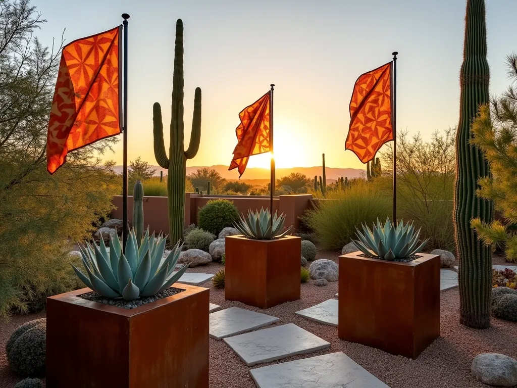 Desert Garden Flag Serenity - A wide-angle sunset shot of a modern desert garden featuring sleek Corten steel planters filled with towering Saguaro cacti, silver-blue Agave, and golden barrel cacti. Three elegant garden flags in earth-toned geometric patterns flutter gently in the breeze, their movement contrasting with the static desert plants. The flags' colors mirror the rusty oranges, soft sage greens, and sandy beiges of the xeriscape. Natural stone pathways wind through the garden, while subtle landscape lighting begins to illuminate the scene. Shot with shallow depth of field highlighting the interplay between the flowing flags and architectural succulents. 16-35mm lens, f/2.8, ISO 400, capturing the golden hour glow on the desert landscape.