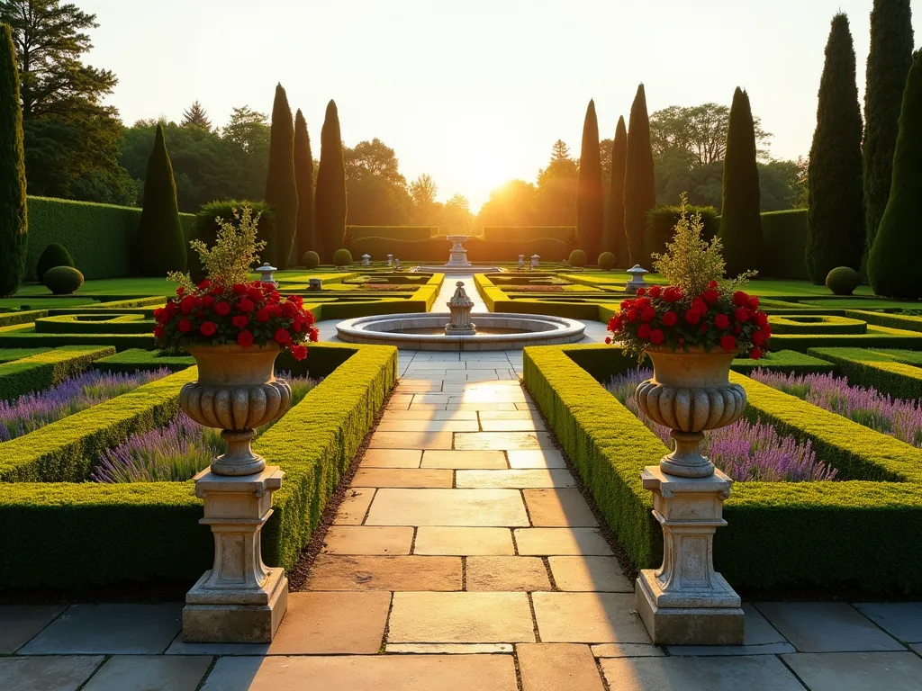 Symmetrical Garden Flag Display in Formal Garden - A wide-angle shot of a grand formal garden at golden hour, featuring perfectly manicured boxwood hedges forming geometric patterns. Two identical decorative garden flags in deep blue and gold stand as elegant sentinels along a central limestone path, their placement mirroring each other. Perfectly trimmed topiaries and classical stone urns filled with red roses flank the flags. The garden showcases immaculate symmetry with pairs of Italian cypress trees in the background and neatly arranged lavender borders. A classical stone fountain serves as the central focal point, while the warm evening light casts long shadows across the meticulously maintained lawn, highlighting the geometric precision of the design.