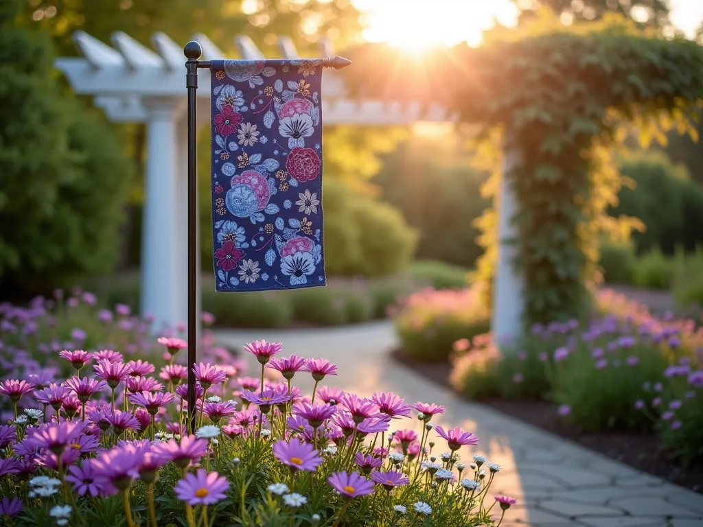 Garden Flag Centerpiece in Blooming Flower Bed - A warm late afternoon garden scene captured with a 16-35mm lens at f/2.8, ISO 400, showing an elegant, tall decorative garden flag with intricate floral patterns standing proudly in the center of a lush flower bed. The flag features deep blues and purples, gently waving in the breeze, rising 4 feet above a stunning array of purple coneflowers, white daisies, and pink cosmos. Golden sunlight filters through, creating a magical atmosphere as the flowers surround the flag's base in concentric circles. The perspective is a medium-wide angle shot, slightly low to emphasize the flag's height and the layered garden design, with soft bokeh effect in the background showing a classic white pergola draped with climbing roses.