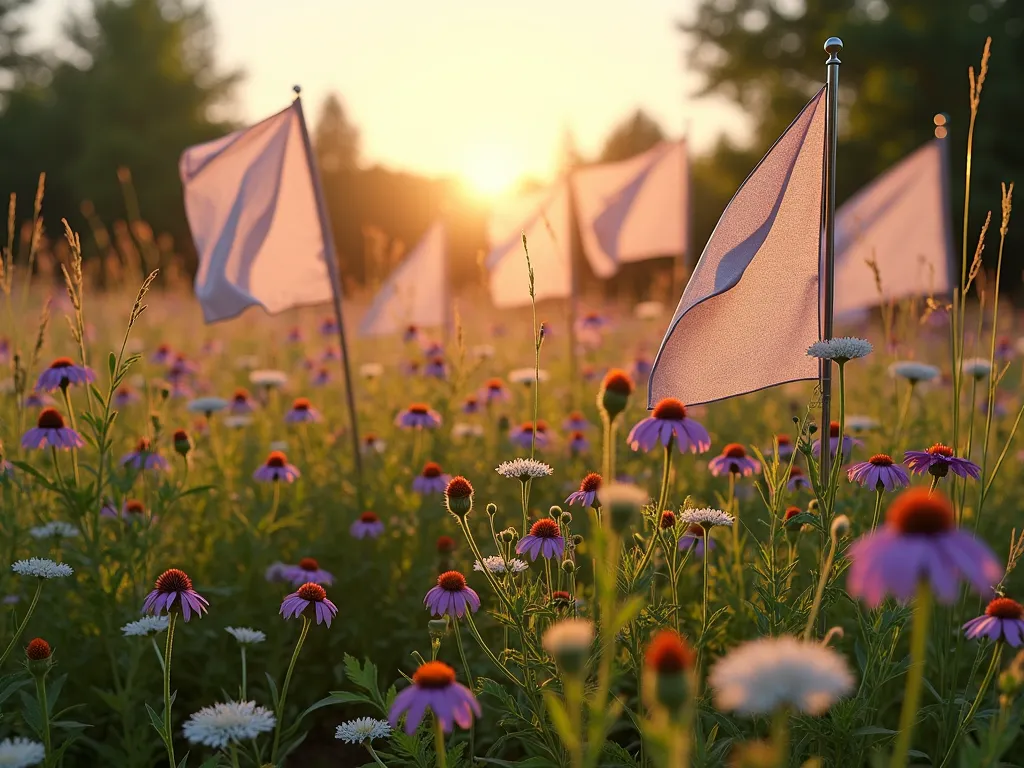 Wildflower Meadow with Garden Flags at Sunset - A dreamy wide-angle shot of a naturalistic backyard meadow garden at golden hour, featuring gently swaying garden flags scattered among wildflowers. The flags, in muted earth tones and soft pastels, rise gracefully above a sea of purple coneflowers, black-eyed susans, and native grasses. The low evening sun casts long shadows and creates a magical atmosphere, highlighting the translucent quality of the flag fabric. In the foreground, delicate Queen Anne's lace and butterfly weed provide texture, while the flags provide vertical rhythm throughout the composition. The scene captures the perfect balance between wild nature and artistic human touches.