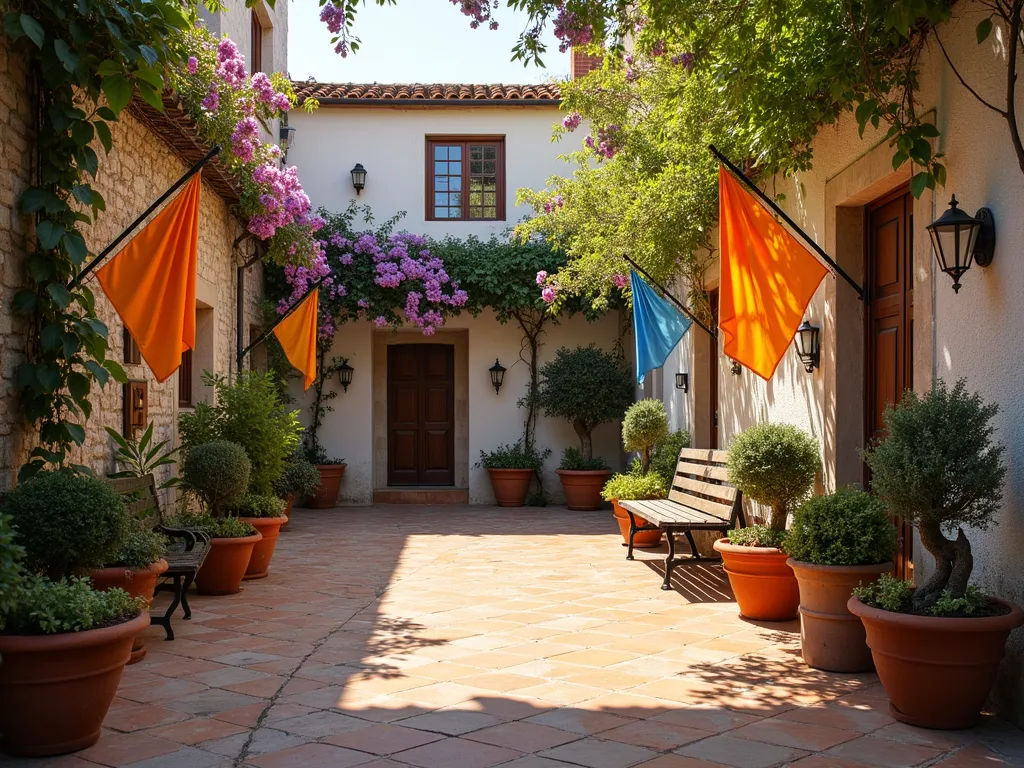 Mediterranean Garden Flag Courtyard - A charming Mediterranean-style courtyard at golden hour, featuring weathered stone walls and terracotta-tiled flooring. Multiple decorative garden flags in rich blues and warm oranges flutter gently in the breeze, strategically placed between classic terracotta pots. Lush bougainvillea and climbing wisteria drape elegantly over whitewashed walls, while potted olive trees and lavender add authentic Mediterranean charm. A rustic wooden bench and wrought iron details complete the intimate European ambiance. Soft, warm lighting creates long shadows across the textured surfaces, captured in a wide-angle perspective that shows the entire courtyard layout.