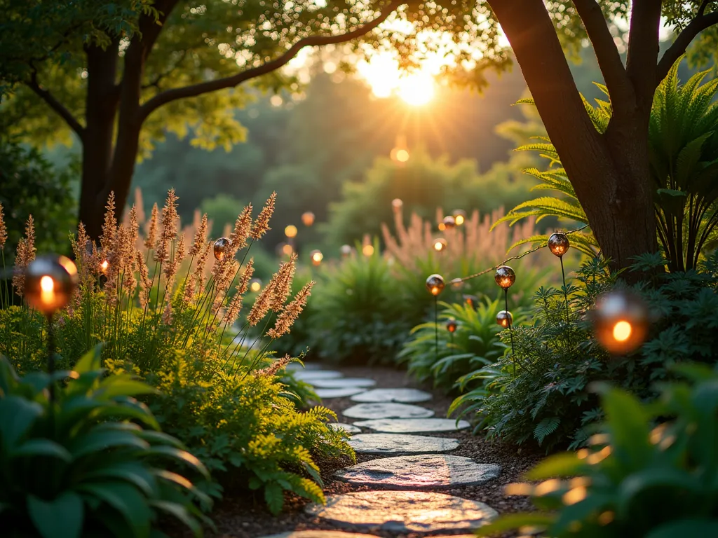 Metallic Garden Flags in Shaded Haven - A serene shaded garden corner at dusk, photographed with a wide-angle lens capturing the magical interplay of light. Silver and gold metallic garden flags flutter gently between mature hostas and Japanese forest grass, their reflective surfaces catching and scattering the last rays of sunlight. String lights weave through overhead tree branches, creating a dreamy atmosphere as they illuminate the metallic flags from above. The flags' placement creates a meandering path through the shade garden, with copper-toned wind spinners adding additional sparkle. Rich green ferns provide a lush backdrop, while the flags' shimmering surfaces create dancing light patterns on the natural stone pathway below. Shot with shallow depth of field highlighting the ethereal quality of the space, with a soft bokeh effect on the background foliage.