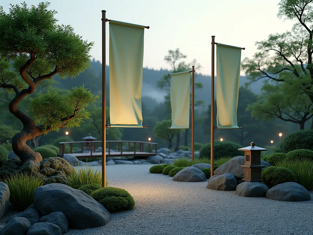 Minimalist Japanese Garden with Zen Flags - A serene Japanese garden at dusk, photographed in wide angle, featuring a meticulously raked gravel garden with elegant stone pathways. Three tall, slender bamboo poles hold flowing minimalist garden flags in muted sage green and cream colors. The flags gently wave above carefully pruned bonsai trees and moss gardens. Natural stone lanterns provide soft illumination, while a small wooden bridge crosses a peaceful koi pond in the background. The composition is balanced with carefully placed rock formations and clumps of ornamental grasses, creating a harmonious zen atmosphere. The scene is captured with a slight mist in the air, adding to the ethereal quality.