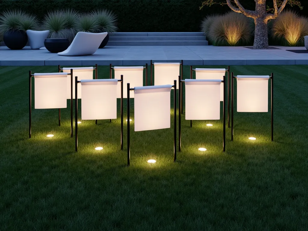 Contemporary Grid Garden Flag Display - A modern minimalist garden at twilight featuring a striking arrangement of 9 identical white garden flags in a perfect 3x3 grid pattern, set against a manicured lawn. The flags are mounted on sleek black metal poles of equal height, creating clean geometric lines. LED ground lights illuminate each flag from below, casting dramatic shadows. The background shows a contemporary concrete patio with angular furniture and structured plantings of ornamental grasses. Shot from a 45-degree angle to emphasize the geometric pattern and spatial rhythm. Photorealistic, architectural photography style, high-end landscape design.