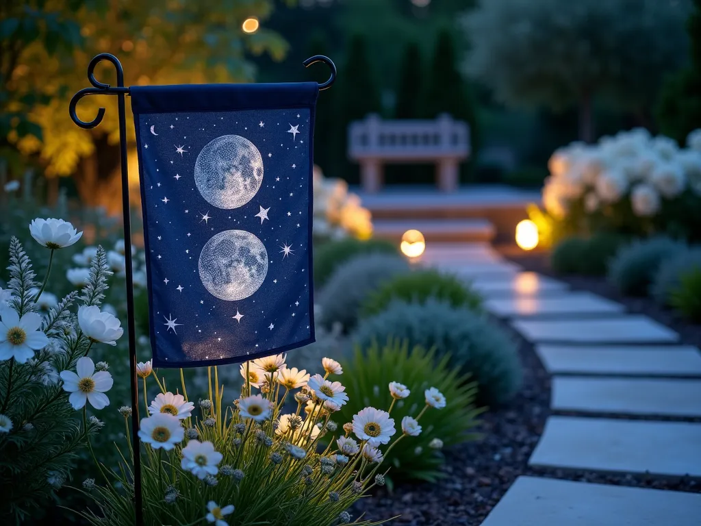 Moonlit Garden Flag Display - A serene nighttime garden scene captured at twilight with a 16-35mm lens at f/2.8, ISO 400. A luminous garden flag with celestial patterns gently waves among a bed of white Luna candida flowers and silvery Artemisia ludoviciana. The flag features reflective moon phases that shimmer in the moonlight, surrounded by ethereal white Japanese anemones and silvery lamb's ears. Soft landscape lighting creates a magical glow, while the background shows a curved garden path lined with pure white Annabelle hydrangeas. A stone bench nearby reflects the moonlight, creating a dreamy atmosphere perfect for evening contemplation. The composition includes glowing orbs strategically placed among the plantings, enhancing the enchanted garden atmosphere.