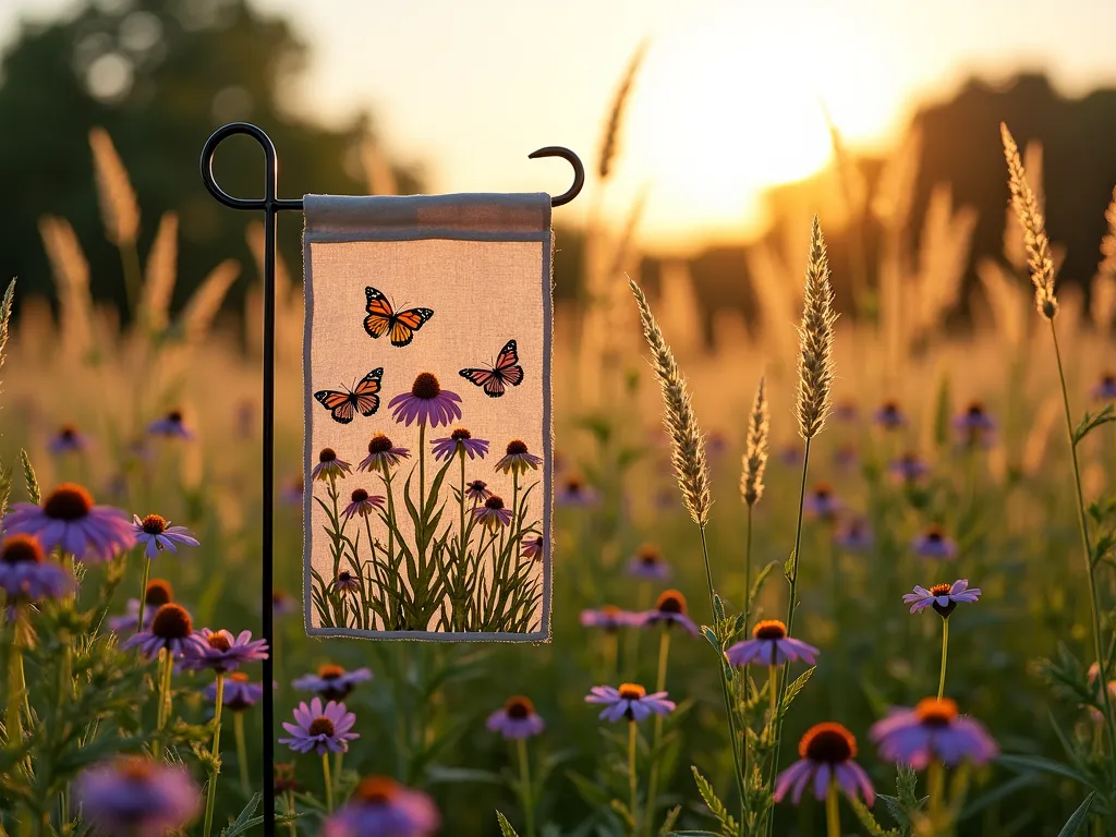 Prairie Garden Flag Display at Sunset - A DSLR wide-angle photograph of a serene prairie garden at golden hour, featuring a decorative garden flag with wildflower motifs gently waving among tall native grasses. The garden is filled with purple coneflowers, black-eyed susans, and swaying switchgrass catching the warm evening light. The flag's natural-toned fabric complements the prairie landscape, while butterfly silhouettes dance across its surface. Soft bokeh effect in the background shows additional native plantings, creating layers of texture and movement. The composition captures the wild, informal beauty of the prairie garden style while demonstrating how the structured element of the flag adds visual interest without disrupting the natural flow.