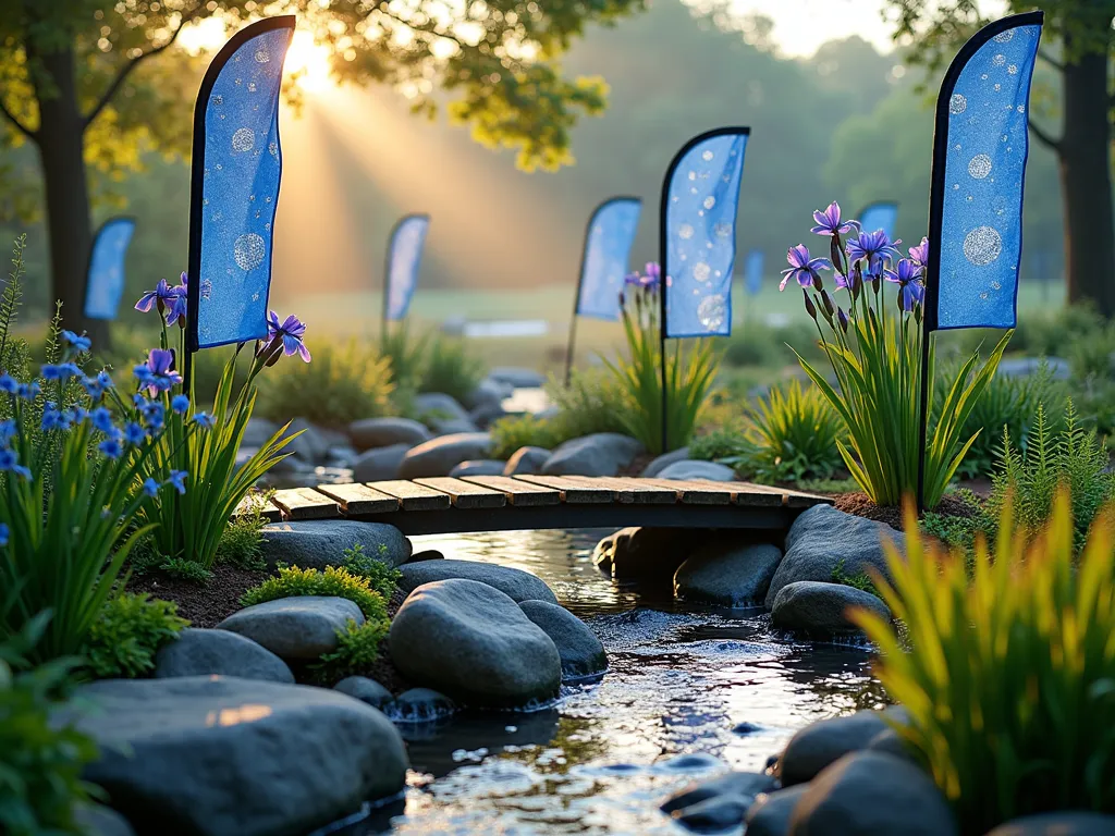 Rain Garden Flag Integration - A serene early morning shot of a beautifully landscaped rain garden featuring a collection of blue and silver garden flags with raindrop patterns gently swaying in the morning breeze. The garden includes cascading levels of river rocks and native wetland plants, with water-resistant flags strategically placed along the garden's edge. Morning dew glistens on the flags and surrounding vegetation, while a small wooden bridge crosses the rain garden. Natural light filters through morning mist, creating an ethereal atmosphere. Shot with a wide-angle perspective to capture the entire rain garden installation, featuring iris, sedge grass, and native ferns in the foreground, DSLR, f/8, ISO 100, 1/125