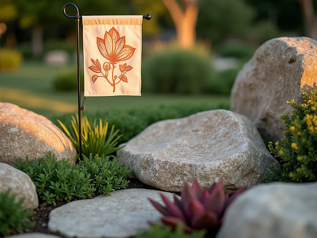 Tranquil Rock Garden with Garden Flag - A close-up shot of a serene rock garden at golden hour, featuring natural stone boulders and river rocks in various earthy tones. A tasteful garden flag with muted botanical patterns in rust and sage green colors gently waves among the rocks. Japanese forest grass and creeping thyme soften the edges of the stones, while small patches of drought-resistant sempervivum add bursts of burgundy and green. The late afternoon sun casts warm shadows across the textured rocks, highlighting their natural striations. The flag's gentle movement creates a dynamic contrast against the solid stone elements.