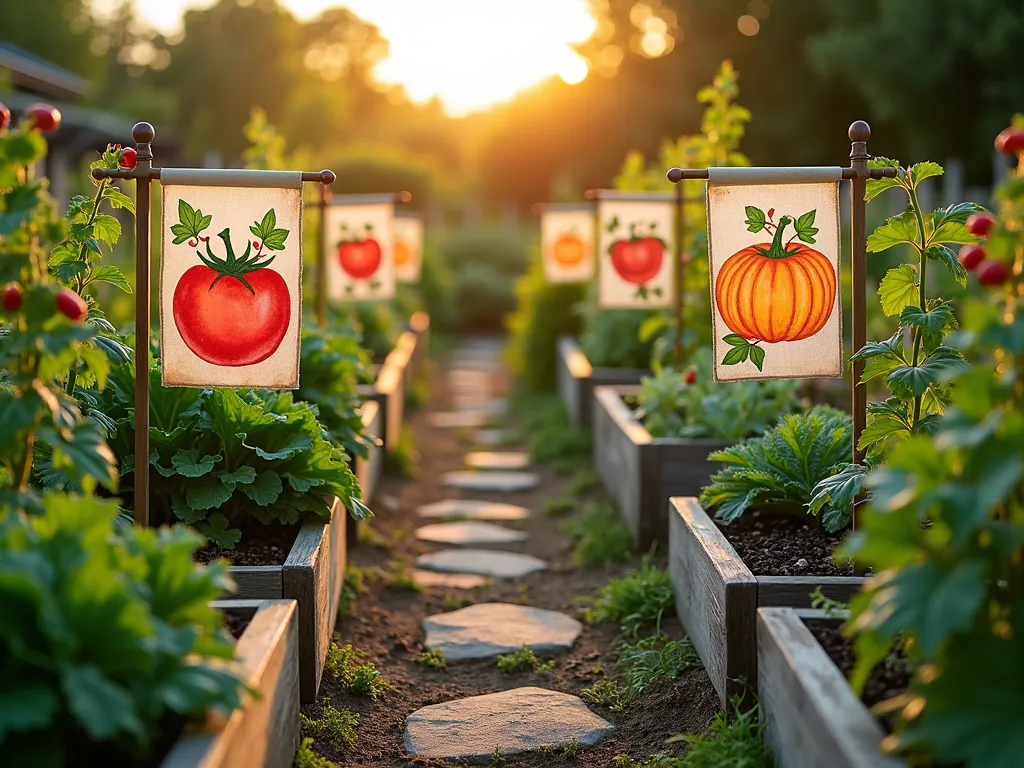 Rustic Vegetable Garden with Harvest Flags - A charming vegetable garden at golden hour, photographed at a 3/4 angle, showing neat rows of flourishing vegetables bordered by handcrafted garden flags on wooden stakes. The flags feature vibrant watercolor designs of tomatoes, pumpkins, and herbs, gently waving in the breeze. Raised wooden beds contain thriving tomato plants, leafy kale, and climbing peas on rustic trellises. Natural stone pathways weave between the beds, while decorative flags in earth tones and harvest motifs create a cohesive border that enhances the garden's aesthetic. Warm evening sunlight casts long shadows across the garden, highlighting the textural contrast between the vegetables and the artistic flags.