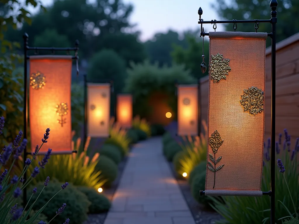 Therapeutic Sensory Garden with Interactive Flags - A serene dusk scene of a therapeutic garden path featuring artistically placed garden flags at varying heights. The flags, made of different materials like silk, burlap, and metallic fabrics, gently wave in the evening breeze. Wind chimes attached to some flag poles create soft musical notes. The path is lined with fragrant lavender and rustling ornamental grasses. Soft landscape lighting illuminates the flags from below, creating dancing shadows on a nearby garden wall. Several flags feature textured designs with raised patterns and metallic elements that catch the light. Close-up perspective emphasizes the tactile qualities of the flags against a softly blurred background of swaying plants.