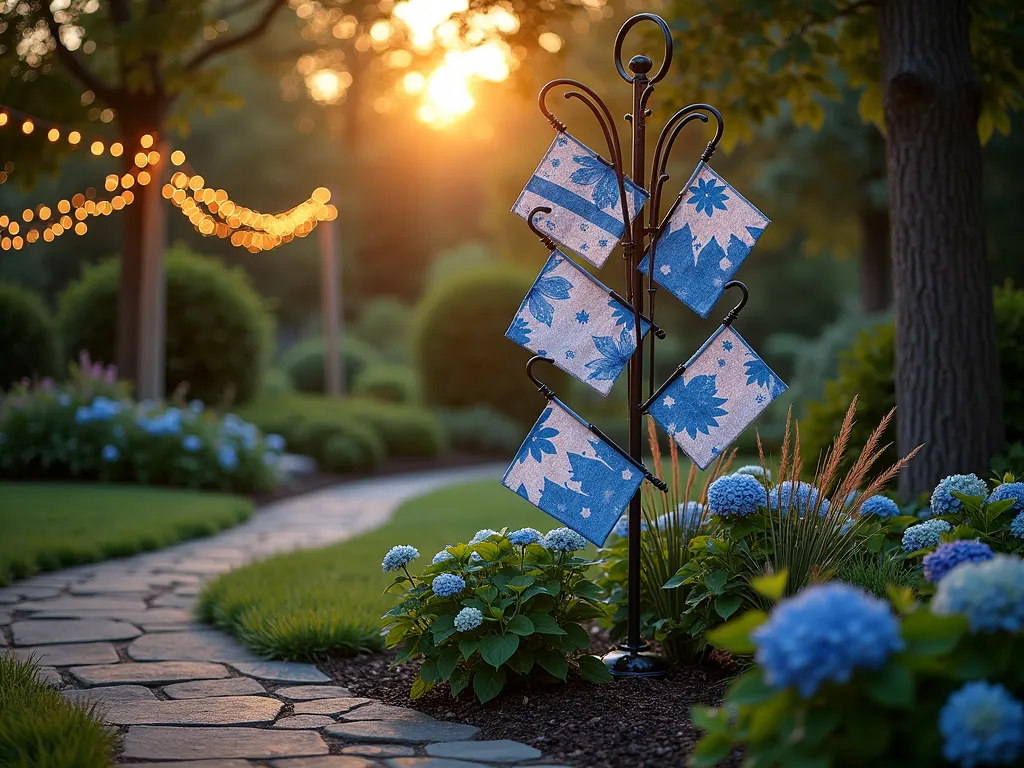 Elegant Tiered Garden Flag Display at Sunset - A stunning dusk scene capturing a wrought-iron tiered garden flag stand positioned in a meticulously landscaped garden corner. The 6-foot-tall stand features three graduated levels displaying decorative seasonal flags in coordinating blue and white patterns. Soft golden hour lighting filters through the flags, creating gentle shadows on the surrounding garden bed filled with blooming hydrangeas and ornamental grasses. A curved flagstone path leads the eye to the display, while string lights draped in nearby trees add a magical ambiance. Shot with shallow depth of field highlighting the intricate details of the flag patterns and metalwork of the stand. Photographed at f/8 with natural backlighting creating a ethereal glow around the flags as they gently wave in the evening breeze.