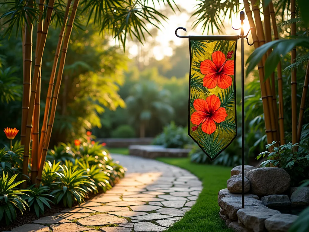 Tropical Garden Flag Paradise - A lush tropical garden setting at golden hour, shot with a wide-angle lens capturing a curved garden path lined with towering bamboo and vibrant birds of paradise. A decorative garden flag featuring bold hibiscus flowers and exotic palm fronds stands prominently in the foreground, gently swaying in the breeze. The background showcases layers of tropical foliage including banana plants and colorful crotons, creating depth and dimension. Natural stone pavers wind through the scene, while strategic landscape lighting casts warm shadows through the bamboo stalks. A small water feature with smooth river rocks adds ambient tranquility, photographed with professional DSLR settings: f/8, ISO 100, 1/125 sec, emphasizing the rich textures and vibrant colors of this paradise-inspired garden vignette.