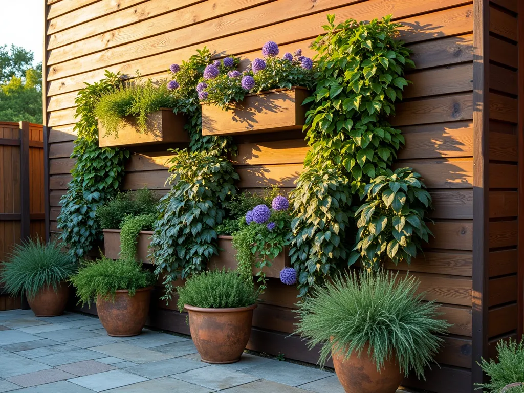 Vertical Garden with Interwoven Flags - A stunning vertical garden wall photographed during golden hour, featuring a sophisticated arrangement of wall-mounted cedar planters filled with cascading ivy and purple clematis. Elegant garden flags in harmonious shades of sage green and lavender are artfully integrated between the plants, gently moving in the breeze. The wall-mounted structure rises 8 feet tall on a contemporary cedar-clad wall, with strategic uplighting highlighting the textural interplay between the flowing flags and climbing plants. Shot with a wide-angle lens at f/8 to capture the full dramatic height, with natural golden hour lighting casting warm shadows across the living wall. The foreground features a small stone patio with weathered copper planters containing trailing rosemary.