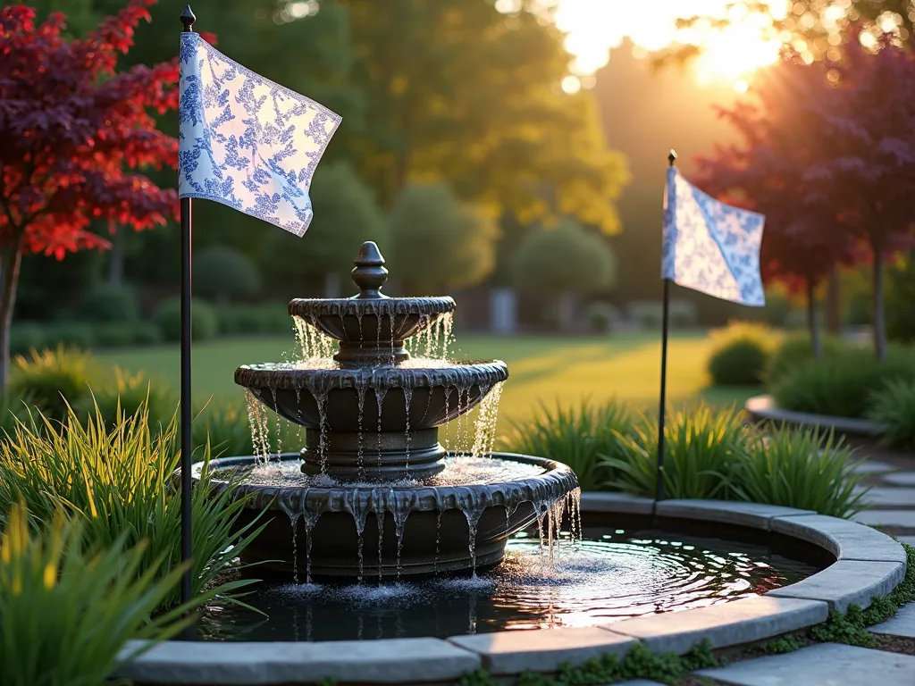 Tranquil Garden Flag by Flowing Fountain - A serene garden scene at golden hour, captured with a wide-angle lens showing a modern tiered stone fountain with cascading water, flanked by two elegant garden flags in soft blue and white patterns gently waving in the breeze. The flags are strategically placed at different heights, creating visual interest against the water feature. Japanese maples provide a natural backdrop with their deep burgundy foliage, while ornamental grasses sway in harmony with the flags. The setting sun casts warm light across the scene, creating sparkles in the flowing water and soft shadows. The composition includes natural stone pavers surrounding the fountain, with creeping thyme growing between them. A shallow depth of field emphasizes the interplay between the moving water and floating flag fabric.