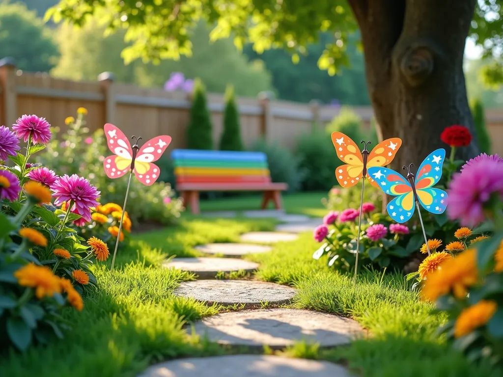 Whimsical Children's Garden Flag Display - A charming afternoon garden scene featuring a winding stepping stone path bordered by colorful garden flags with playful butterfly, rainbow, and flower designs. The flags, standing 2-3 feet tall, gently wave in the breeze among cheerful pink and purple zinnias, yellow sunflowers, and bright marigolds. A child-sized wooden bench painted in rainbow colors sits nearby, while a small fairy garden with miniature accessories nestles at its base. Soft natural lighting filters through a maple tree, creating dappled shadows on the lush green grass. The scene is captured from a low angle to emphasize the child's perspective, with the flags appearing tall and magical against the blue sky background. Professional DSLR photo with crisp details and vibrant colors.