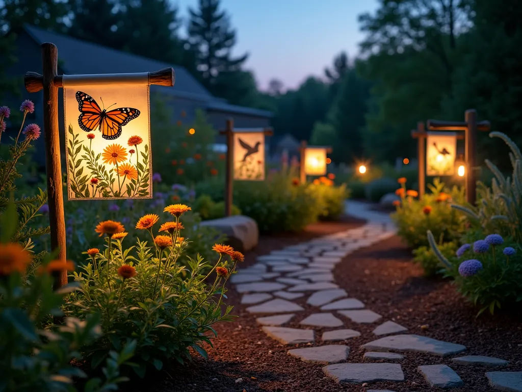 Wildlife Garden Flag Markers at Twilight - A DSLR wide-angle shot of a serene garden path at twilight, illuminated by soft solar lanterns. Decorative garden flags featuring native wildlife illustrations (butterflies, birds, and deer) mark distinct habitat zones. The flags are tastefully placed among native wildflowers, bird feeders, and natural stone features. In the foreground, a detailed flag depicts a monarch butterfly near a butterfly garden, while the middle ground shows flags marking bird sanctuaries and deer-friendly areas. Natural wooden posts hold the flags at varying heights, creating visual interest. Soft evening light casts long shadows across the mulched pathway, while fireflies add magical sparkle to the scene. The background reveals a small pond area with water plants and another wildlife marker flag. Shot at f/8 for optimal depth of field, capturing the rich textures of the garden elements and the subtle gradient of the twilight sky.