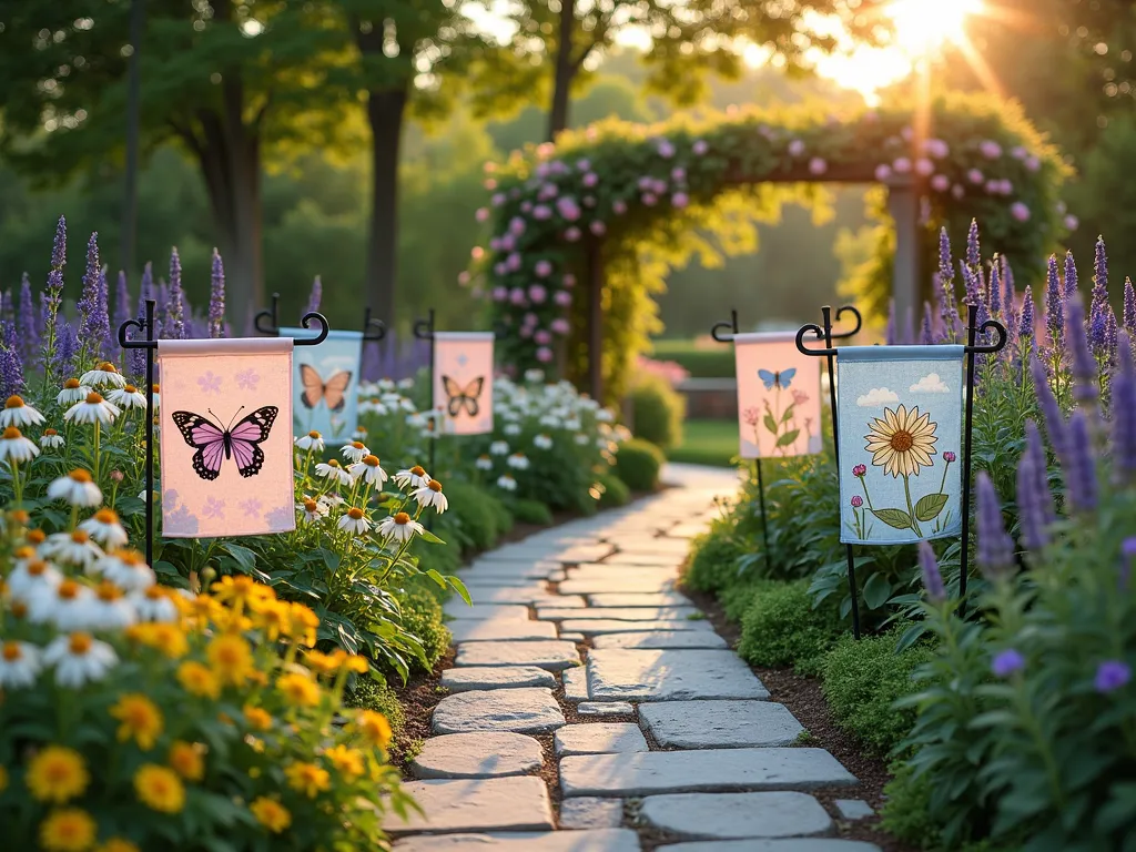 Enchanted Garden Path with Dancing Flags - A gently curving garden path at golden hour, photographed from a low angle with a wide-angle lens. Decorative garden flags in soft pastels and muted blues line both sides of a natural stone pathway, their fabric gently moving in the breeze. Purple and white echinacea, yellow black-eyed susans, and lavender create a stunning border behind the flags. The path winds through a lush garden, leading to a charming wooden arbor covered in climbing roses in the background. Dappled sunlight filters through nearby maple trees, creating a magical interplay of light and shadow on the flagpoles. The flags are perfectly spaced at 4-foot intervals, their designs featuring butterflies and botanical patterns that complement the surrounding flowering perennials. Shot with shallow depth of field to create a dreamy, enchanted garden atmosphere.